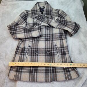 Land's‎ End Brown Beige Blue Plaid Double Breasted Pea Coat Wool Blend Women's 6
